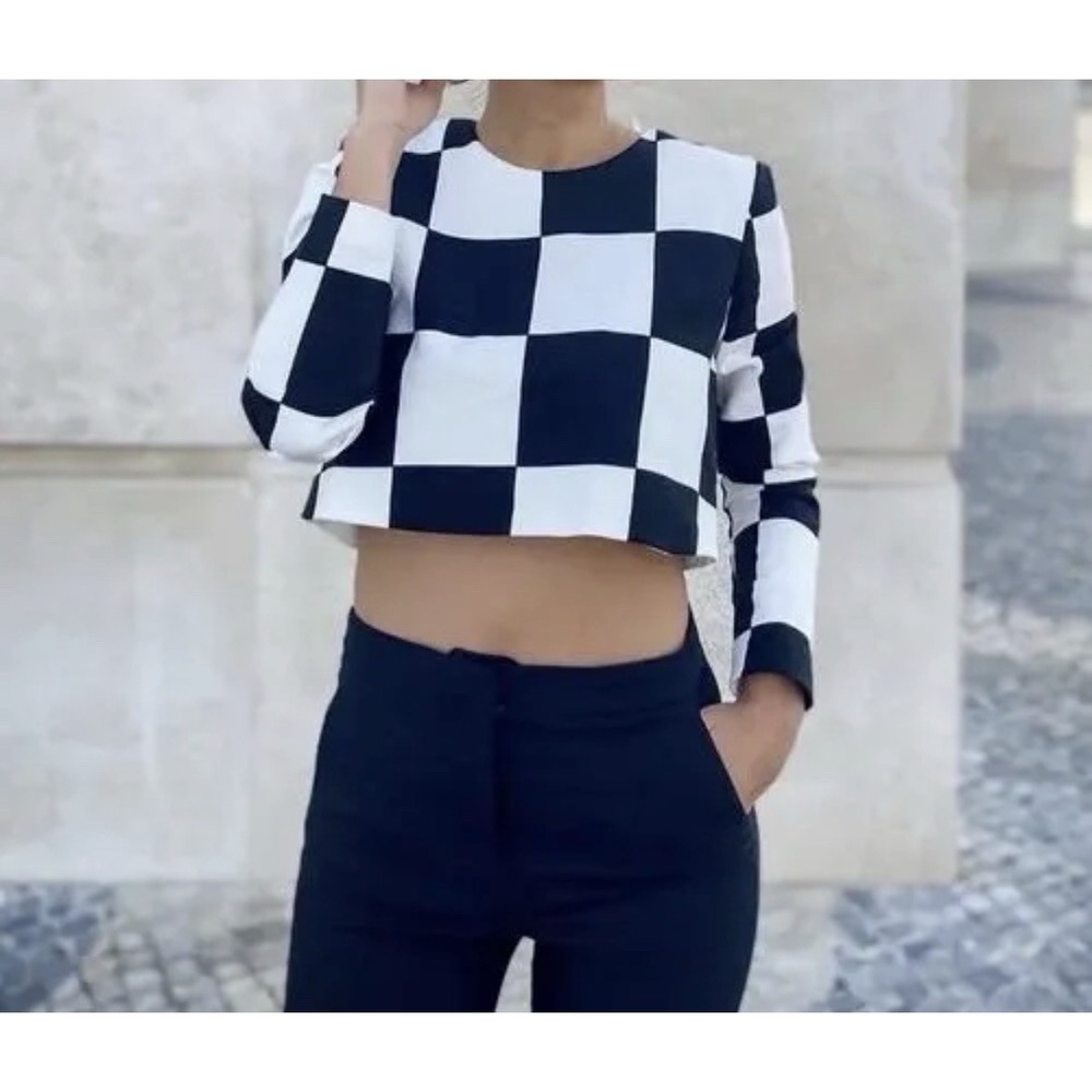 Zara Checkerboard Crop Top Blogger Favorite M Long Sleeve